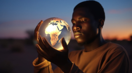 Persoon van Afrikaanse origine die een verlichte wereldbol vasthoudt
